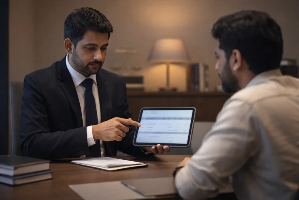 Lawyer explains divorce rate in India trends to client in Bengaluru office