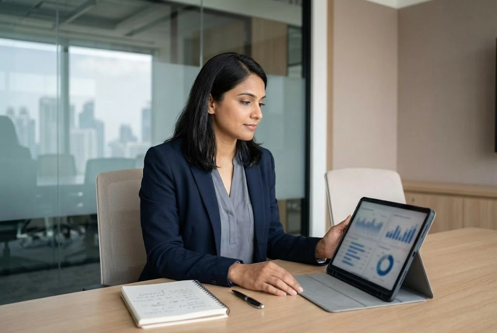 Analyst reviewing divorce rate in India last 10 years data on tablet in Indian office