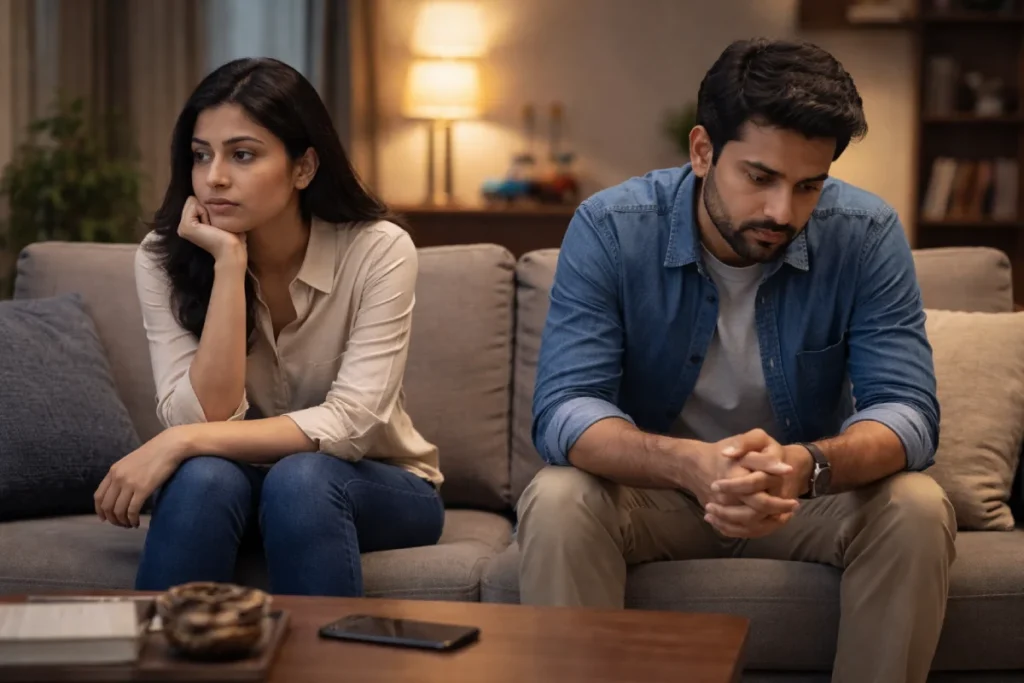 Why Divorce Rate is Increasing in India: stressed Indian couple seated apart