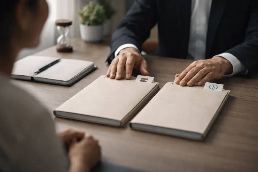 Divorce vs judicial separation folders on lawyer desk with gavel and pause icons