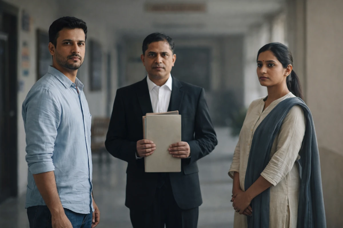 Judicial Separation in India: couple with advocate in family court corridor