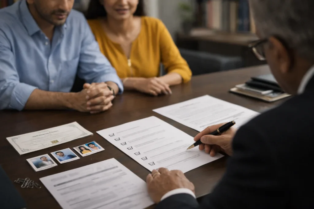 Indian couple reviewing mutual consent divorce documents checklist with advocate