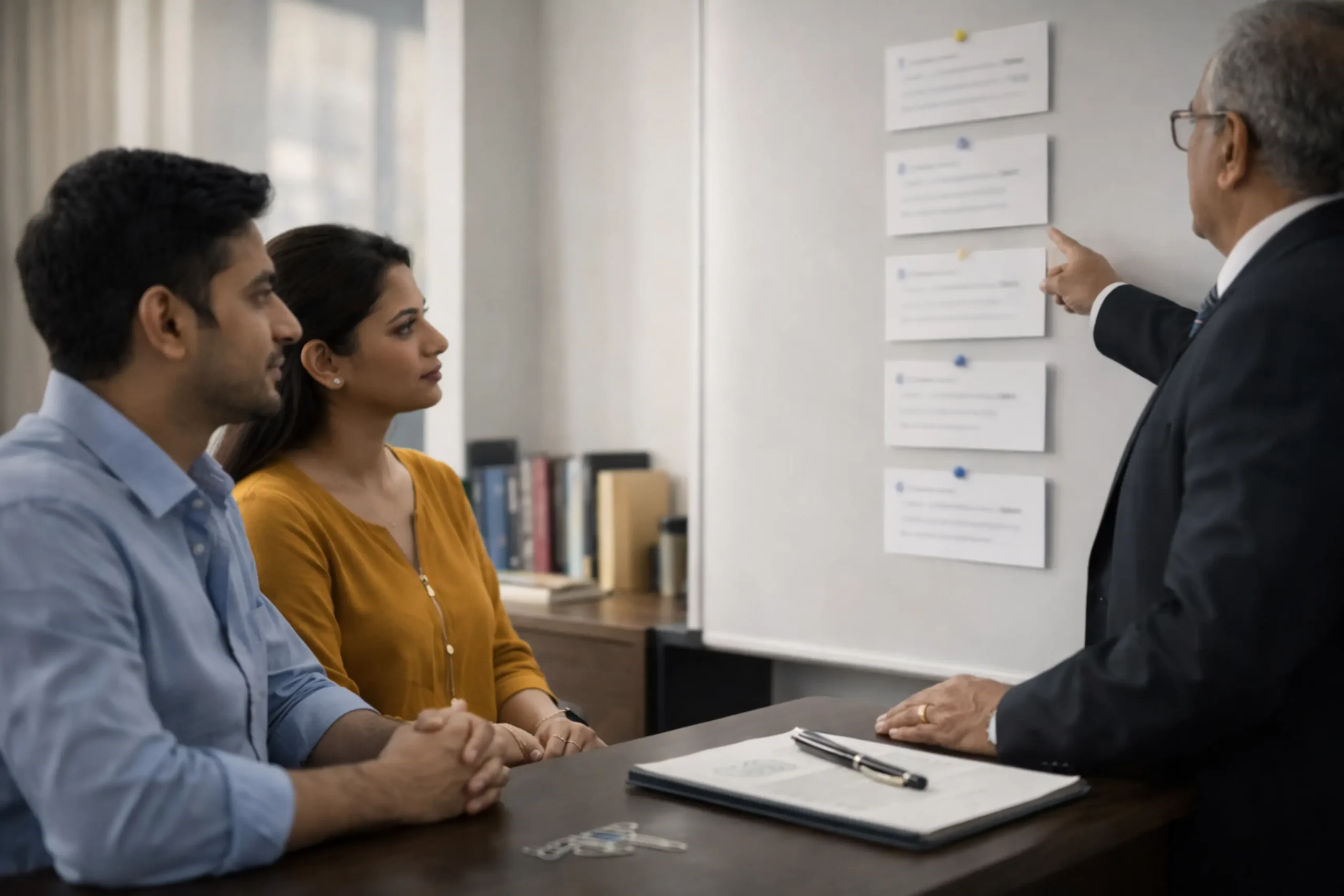 Indian advocate explaining mutual divorce procedure steps on board to couple