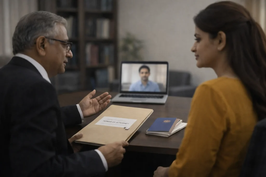 Indian divorce consultation with NRI video call, child notebook and passport cues