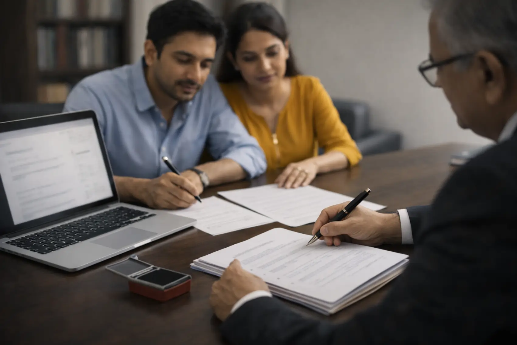 Indian advocate explaining mutual divorce procedure steps on board to couple