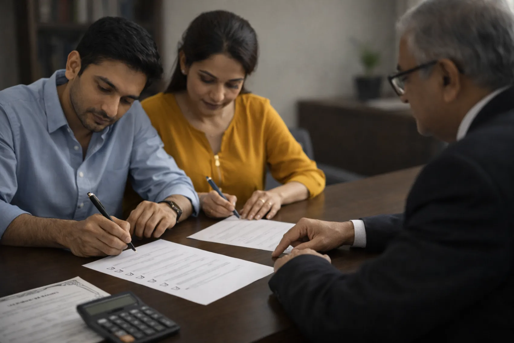 Indian couple signing mutual consent divorce settlement terms with senior advocate