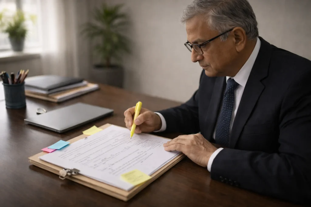 senior Indian advocate reviewing mutual divorce file checklist with notes