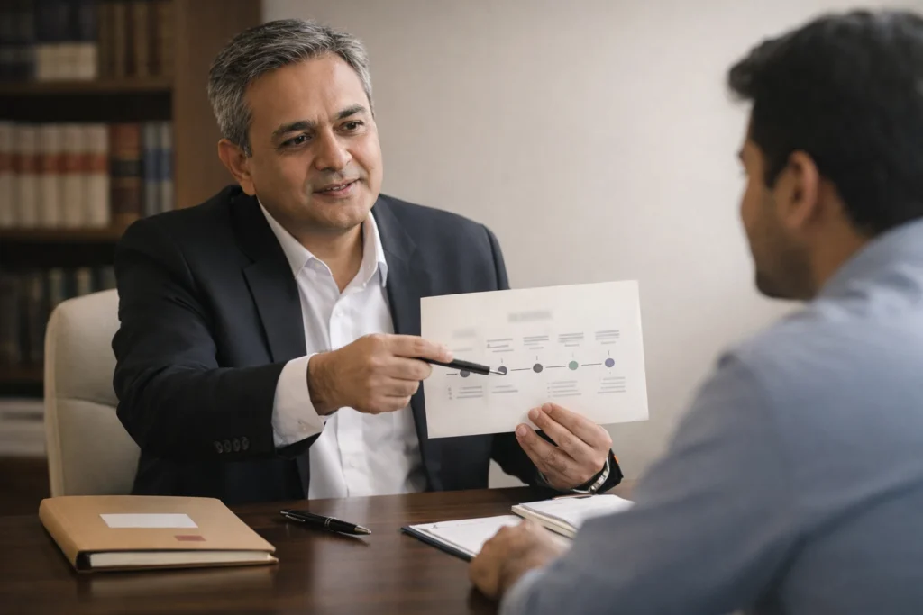 Legal notice for money recovery explained with a timeline in a premium Indian office